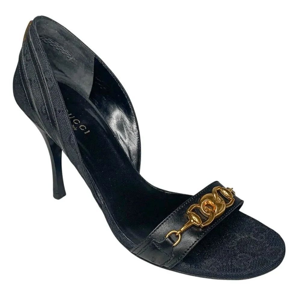 Gucci Black Monogram D’Orsay Heels Size 37C Gold Horsebit Chain Detail Authentic